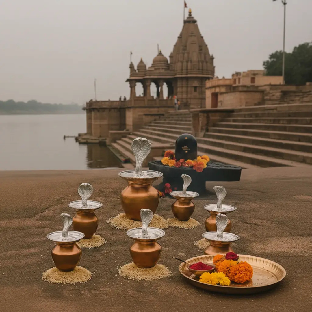 Naag kalash arrangement for Kaal Sarp Dosh puja at a temple ghat in Ujjain