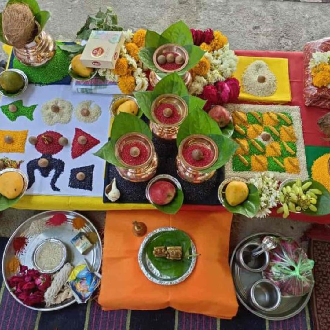 Traditional puja samagri arranged for Mangal Bhat Puja in Ujjain